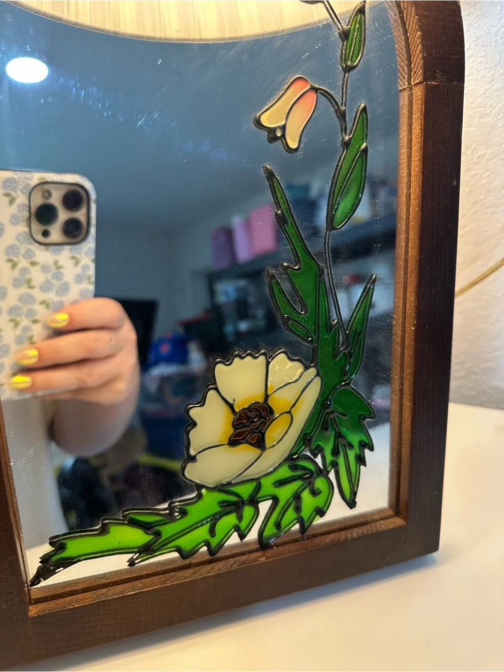 Vintage Hand-Painted Floral Stained Glass Wall Mirror - Green and Cream 13X9